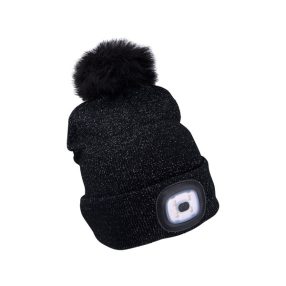   EXTOL LIGHT sapka, fekete, pomponnal, kötött, kivehető LED homloklámpával, 4×45 Lumen; USB tölthető Li-ion, 3funkció (100%-75%-50%)