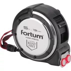   FORTUM mérőszalag, 1 stoppos, ütésálló, rozsdamentes acél ház, gumírozott; 5m×19mm nylon bevonatú szalag, mágneses vég FORTUM
