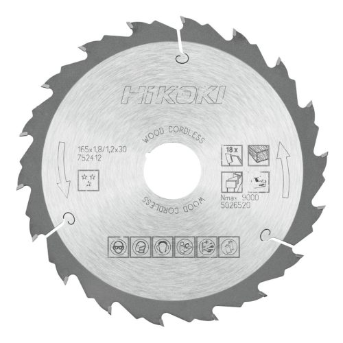 Hikoki 752412 TCT fűrészlap, fa, 165 x 30/20, Z18, váltakozó / lapos