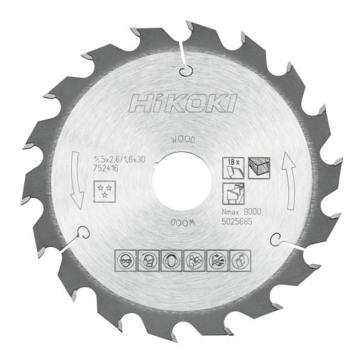 Hikoki 752416 TCT fűrészlap, fa, 165 x 30/20, Z18, váltakozó