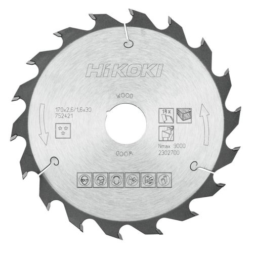 Hikoki 752421 TCT fűrészlap, fa, 170 x 30/20 x Z18, váltakozó