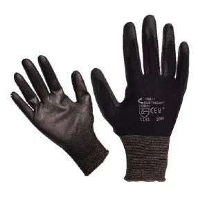   EGYÉB Kötött kesztyű fekete nylon, L-es méret 9',  poliuretánba mártott teny. és ujjhegy., gumírozott mandzset